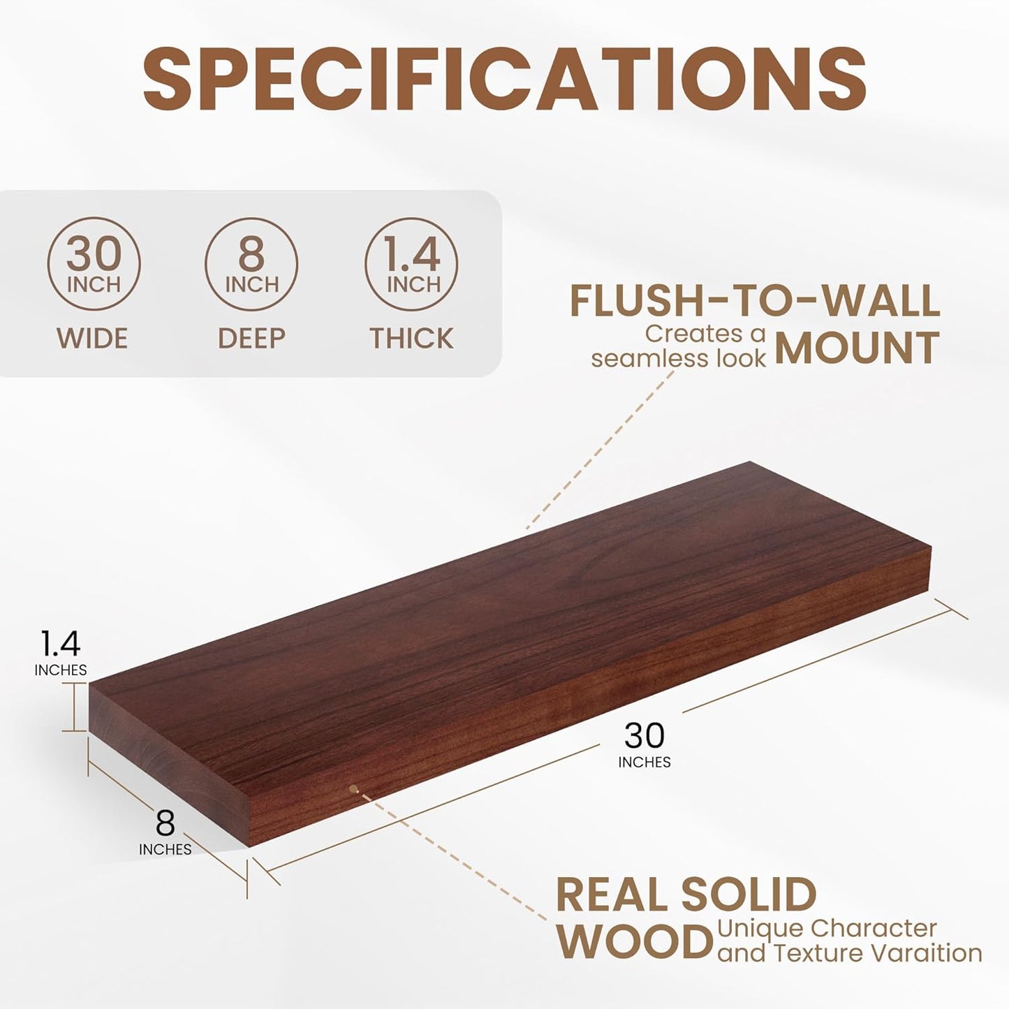 Fun Memories Rustic Floating Shelves for Home Decor, 8 Inch Deep Floating Shelf, Solid Wood Floating Wall Shelves 30 Inch Long, Deep Wall Shelves for Bathroom, Living Room, Walnut Finsh, Set of 2