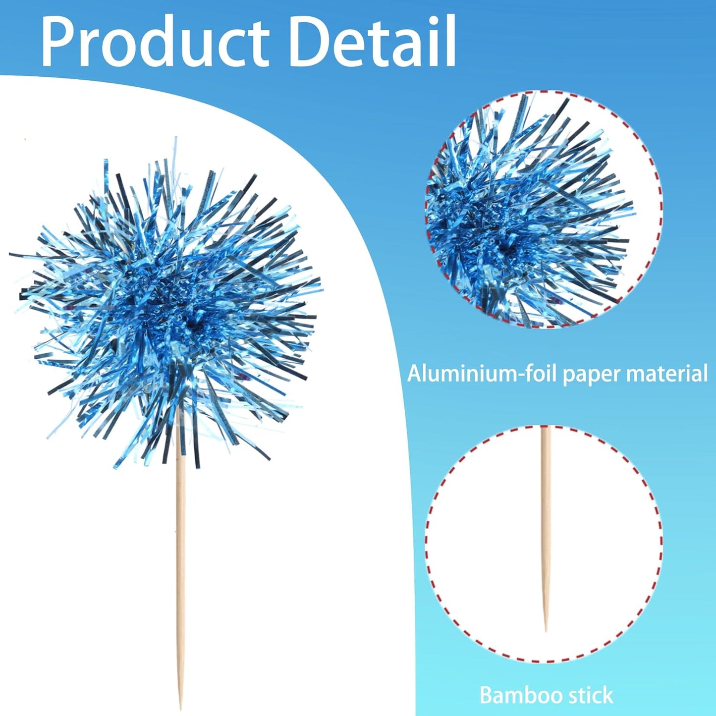 40 PCS Foil Firework Cupcake Toppers Light Blue Sparkler Cupcake Picks Sparkle Tinsel Fireworks Decorations Cocktail Fruit Toothpick for Firework Theme Birthday Wedding Graduation Party Decor Supplies