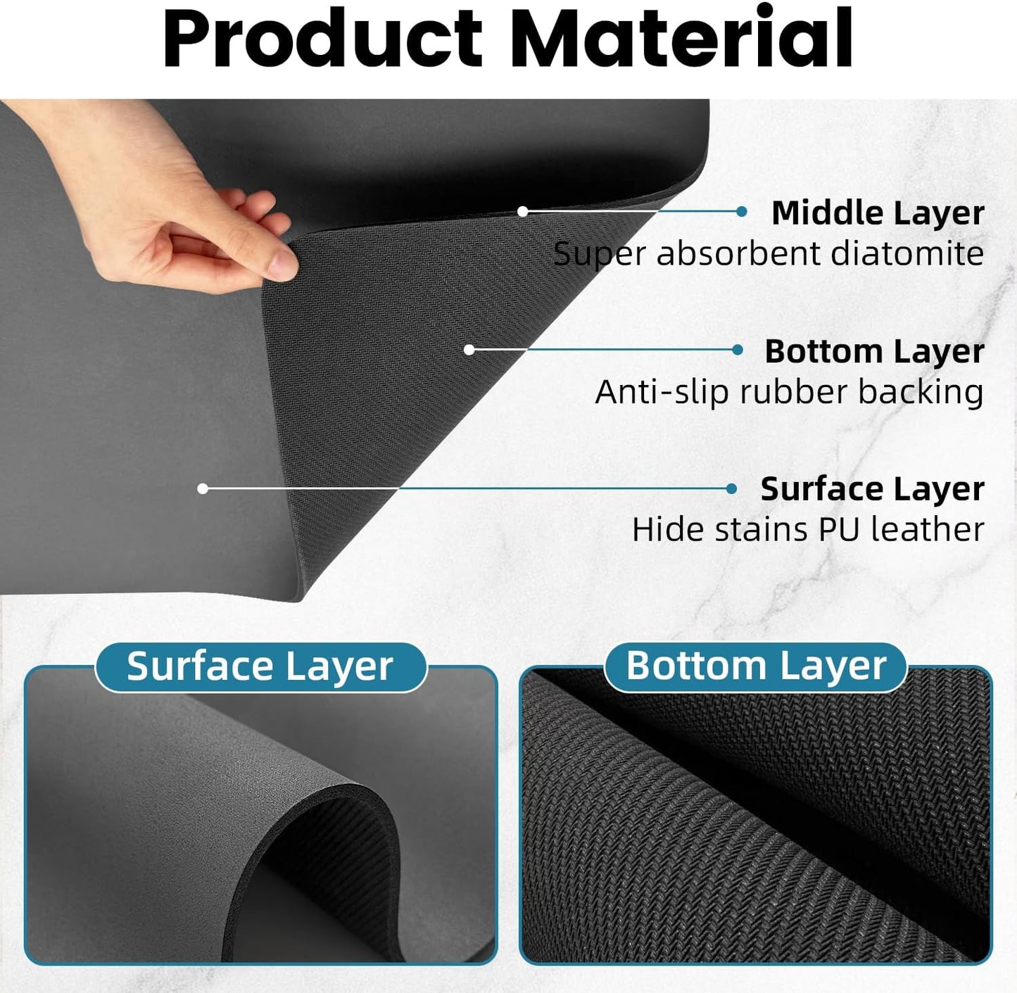 PoYang 17"x12" Coffee Mat Small, Coffee Bar Accessories for Countertop, Absorbent Dish Drying Mat, Anti-Slip and Hide Stain Pad for Espresso Machine, Espresso Maker and Kitchen Counter, Gray