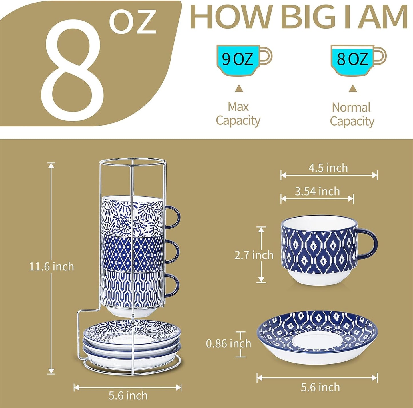 Selamica Ceramic Cappuccino Cups with Saucers and Metal Stand, 8 OZ Stackable Espresso Coffee Cups for Coffee, Latte, Americano, Tea, Set of 4, Vintage Blue