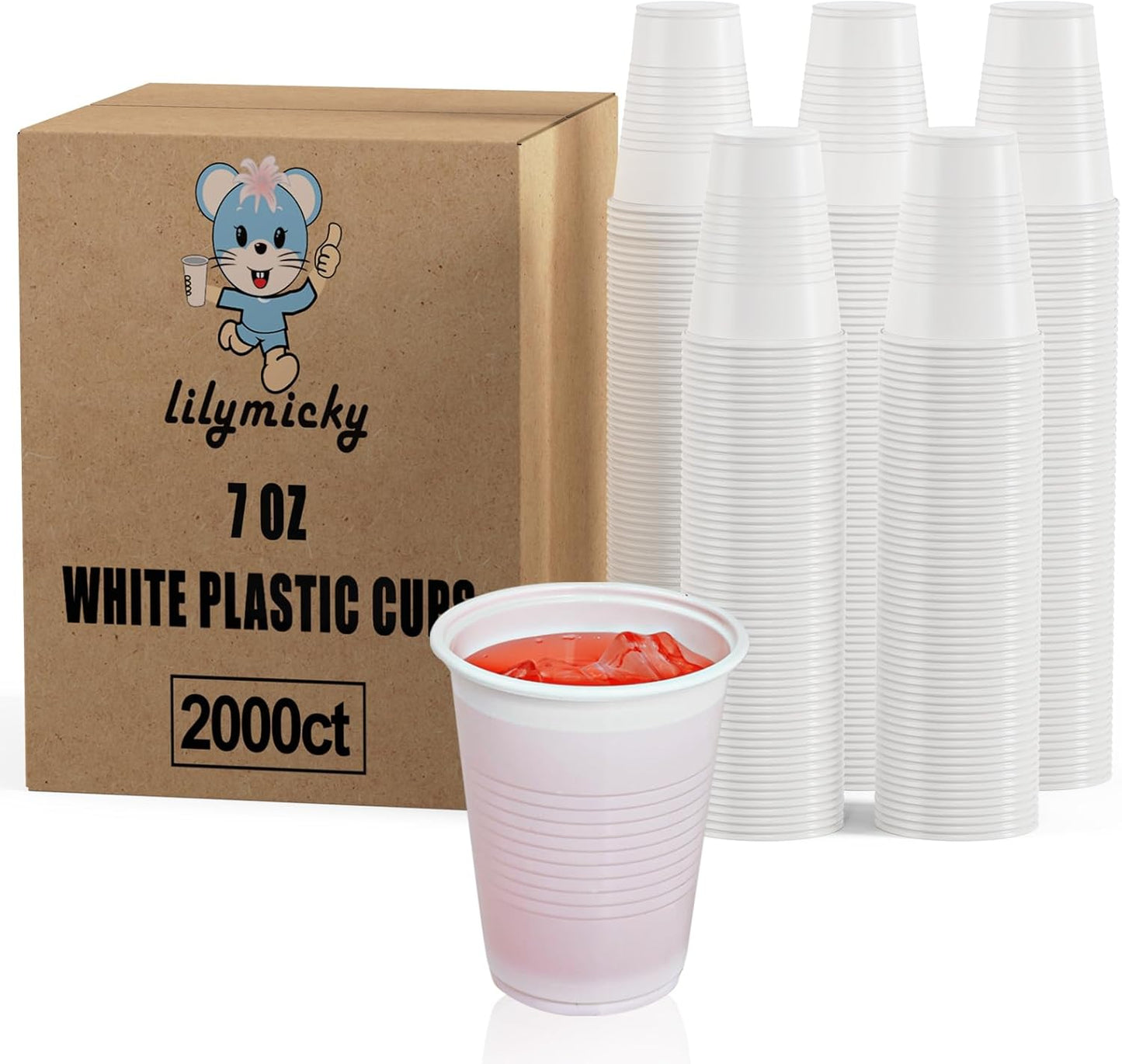 Lilymicky 2000 PACK 7 oz White Plastic Cups, 7 Ounce Disposable Drinking Cups for Birthday Parties, Picnics, Ceremonies