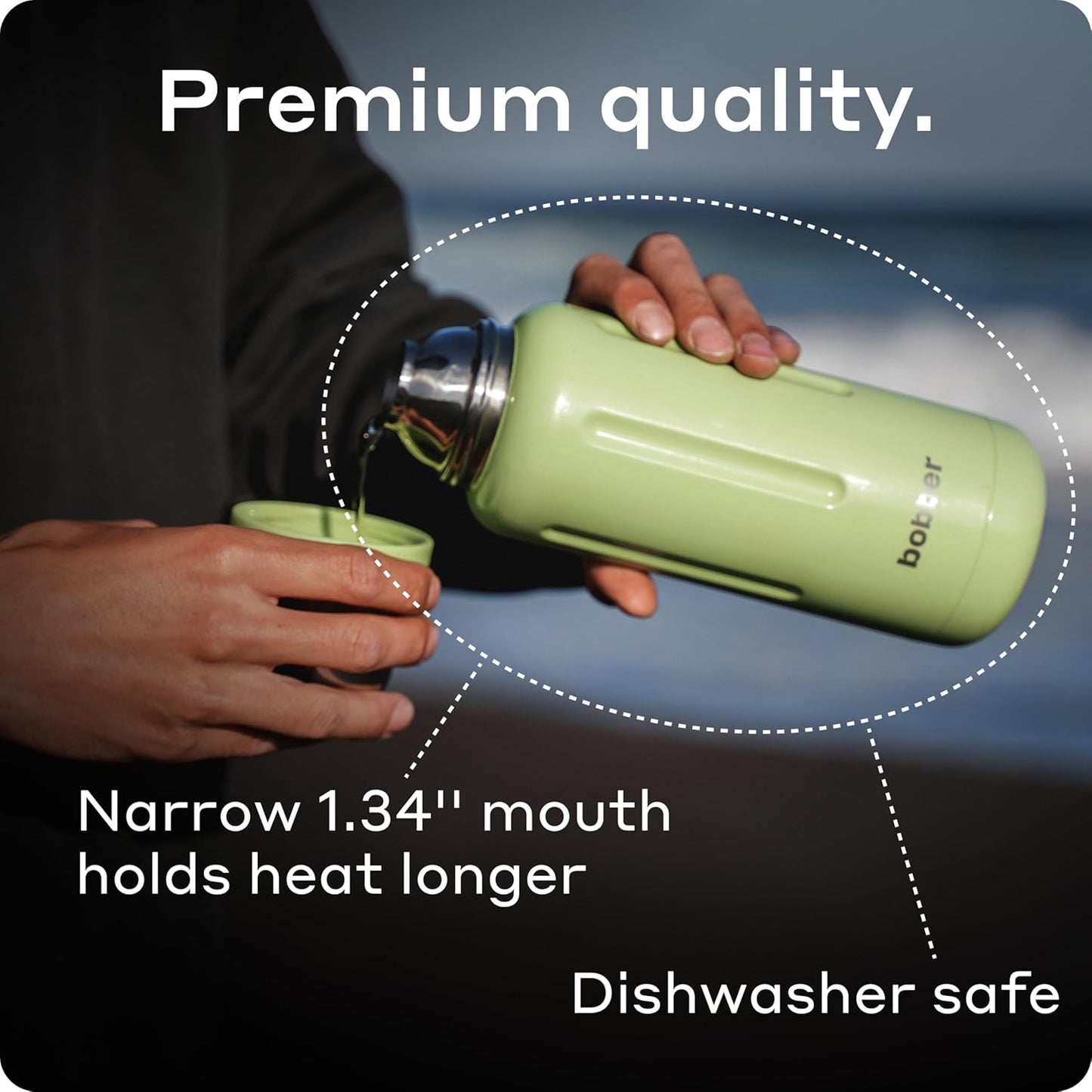 BOBBER 34 oz / 1 Liter Stainless Steel Travel Thermos for Hot and Cold Drinks – Dishwasher Safe Metal Water Bottle with Cup Lid – Keeps Hot for 48 Hours – BPA-Free, Vacuum Insulated (Mint Cooler)