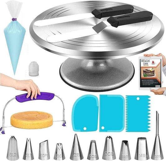 RFAQK 50PCs Cake Decorating Supplies Kit with 12" Aluminum Rotating Cake Turntable Stand, Professional Leveler, Straight & Offset Spatulas, 10 Numbered Icing Tips & Bags