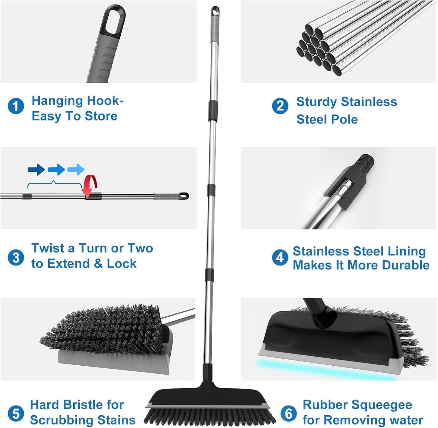 ITTAR Scrub Brush with Long Handle, 10" Wide Stiff Bristles Deck Brush, Heavy-Duty Floor Cleaning Brush, 2-in-1 Scrubber Squeegee Broom for Cleaning Patio, Pool, Kitchen, Garage, Bathroom Floor-Black