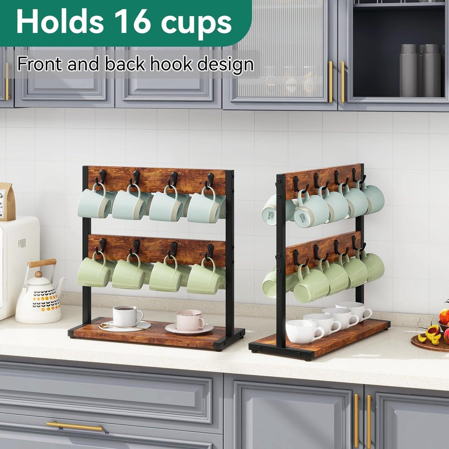 IBUYKE Wood Coffee Mug Holder for Countertop,16 Hook Mug Tree Holder Rack with Storage Base,Mug Display Organizer,Mug Holders for Home Kitchen, Rustic Brown UTBJ001H