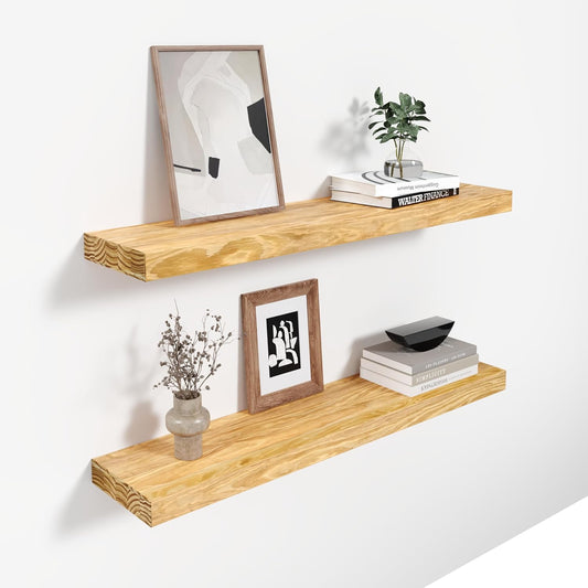 24'' Pine Wood Floating Shelves for Wall- Set of 2 - Rustic Wall Mounted Wooden Shelf for Stylish Home Décor - Natural Color - 24x6.5x1.25 Inches, 2pcs