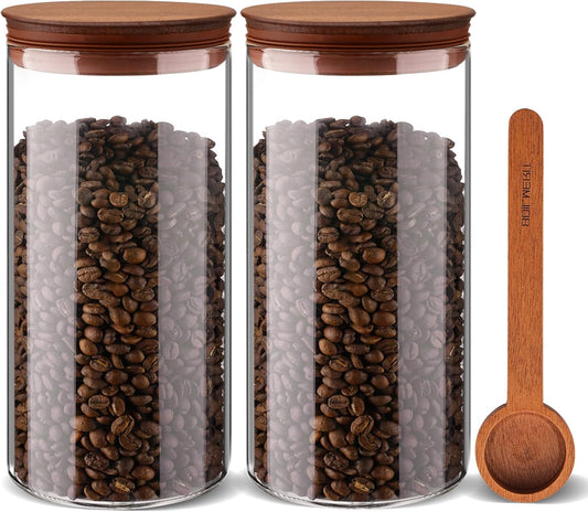 50 oz Coffee Canister with Scoop and Wooden Lids, Airtight Glass Coffee Jars Set of 2 for Ground Coffee, Coffee Beans Storage Container with Lids for Kitchen Brown Sugar, Coffee Bar