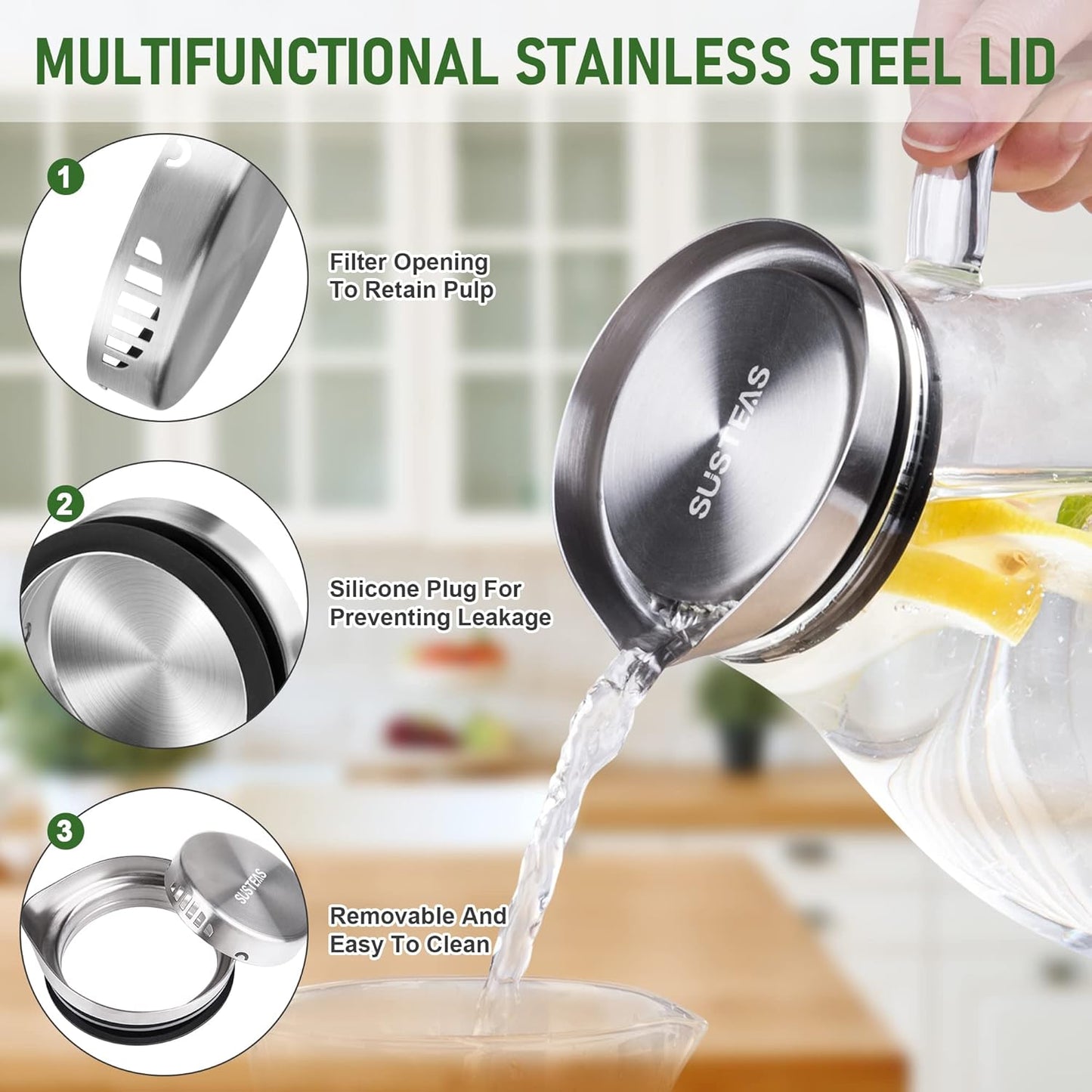 SUSTEAS 2 Liter Glass Pitcher, Water Pitcher with Removable Lid And Wide Handle, Easy Clean Juice Jug for Fridge, Beverage Carafe for Cold/Hot Water, Iced Tea, 1 Long-Handled Brush Included