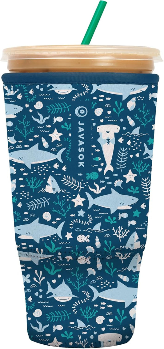 Sok It JavaSok Iced Coffee & Cold Soda Insulated Neoprene Cup Sleeve (Happy Sharks, XXLarge: 44-48oz)
