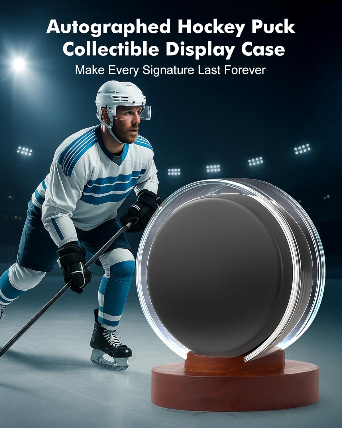 Hockey Puck Display Case, Premium Acrylic Display Box, UV Fade Protection, Solid Mahogany Base & Puck Holder, Signed Puck Collector's Showcase, for Hockey Enthusiasts, 3.15" x 3.15" x 3.07"