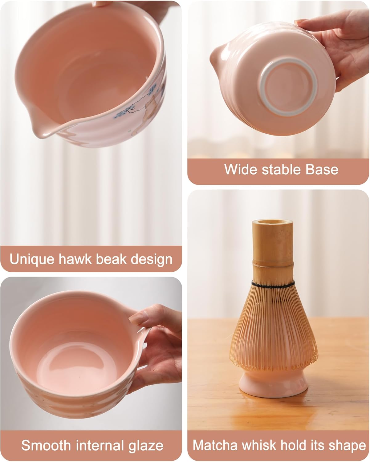 Matcha Whisk Set, Ceramic Matcha Set Includes Matcha Bowl, Matcha Whisk and Holder, Bamboo Scoop, Scoop Rest, Sifter and Tea Towel - 7 Pcs Matcha Kit(Pink)