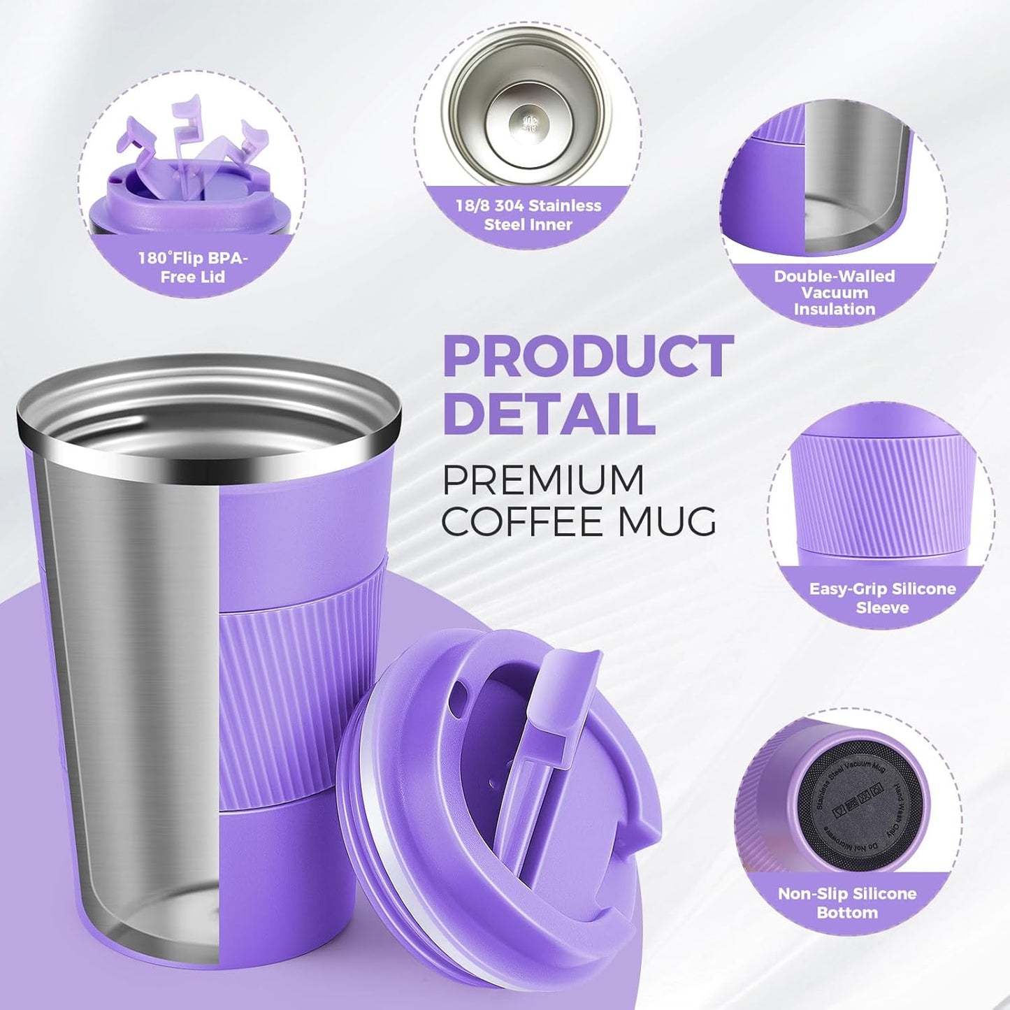 Volhoply 13 oz Stainless Steel Insulated Travel Coffee Mug with Fip Lid Bulk 8 Pack,Reusable Double Wall Vacuum Metal Coffee Cup,Portable Leak Proof Thermal Tumbler for Hot & Cold Drinks(Purple,8)