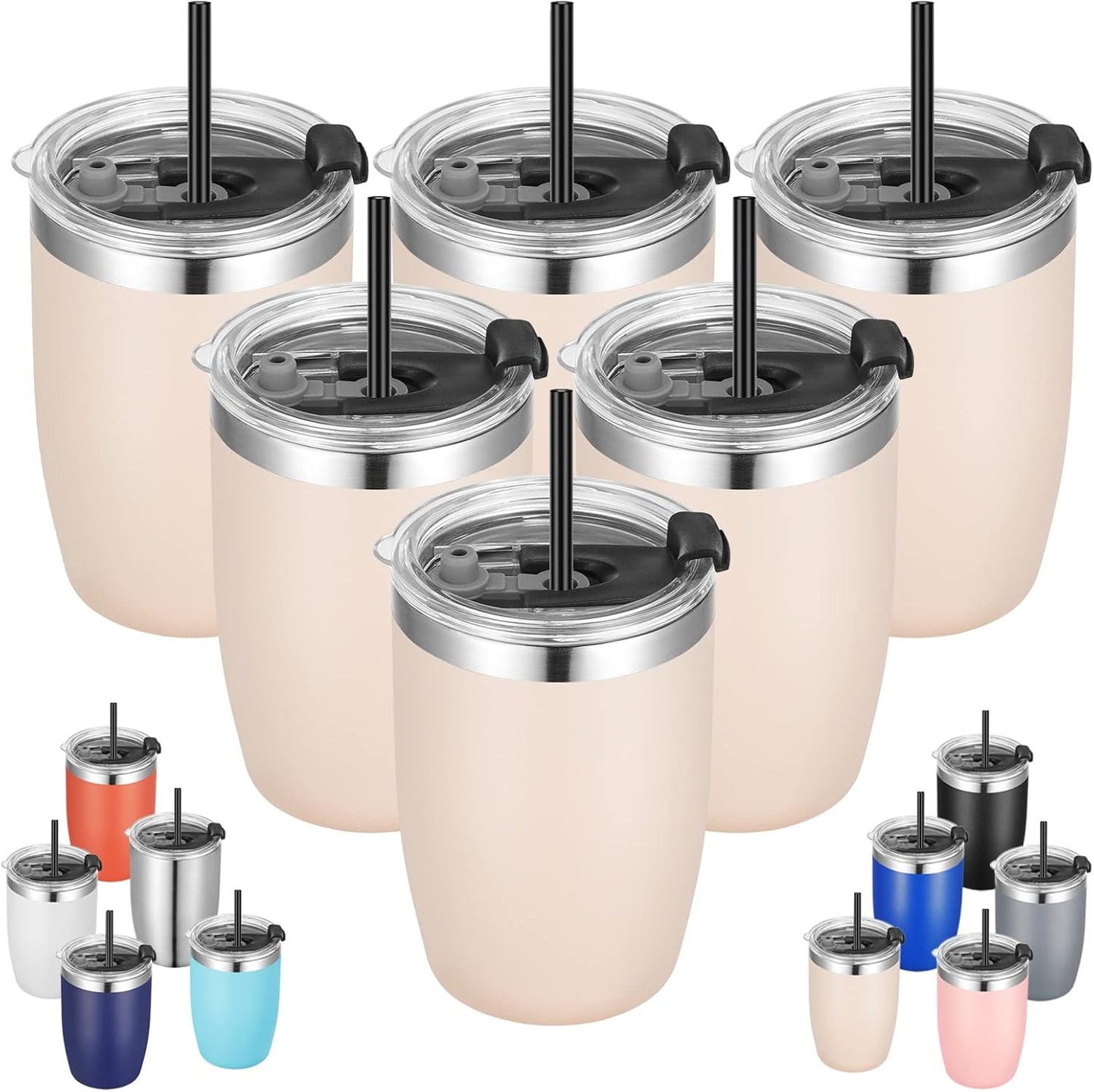 VEGOND Stainless Steel 12 oz Tumblers bulk Vacuum Insulated Double Wall Travel Tumbler with Lid and Straw Reusable Tumbler, Beige 6 pack