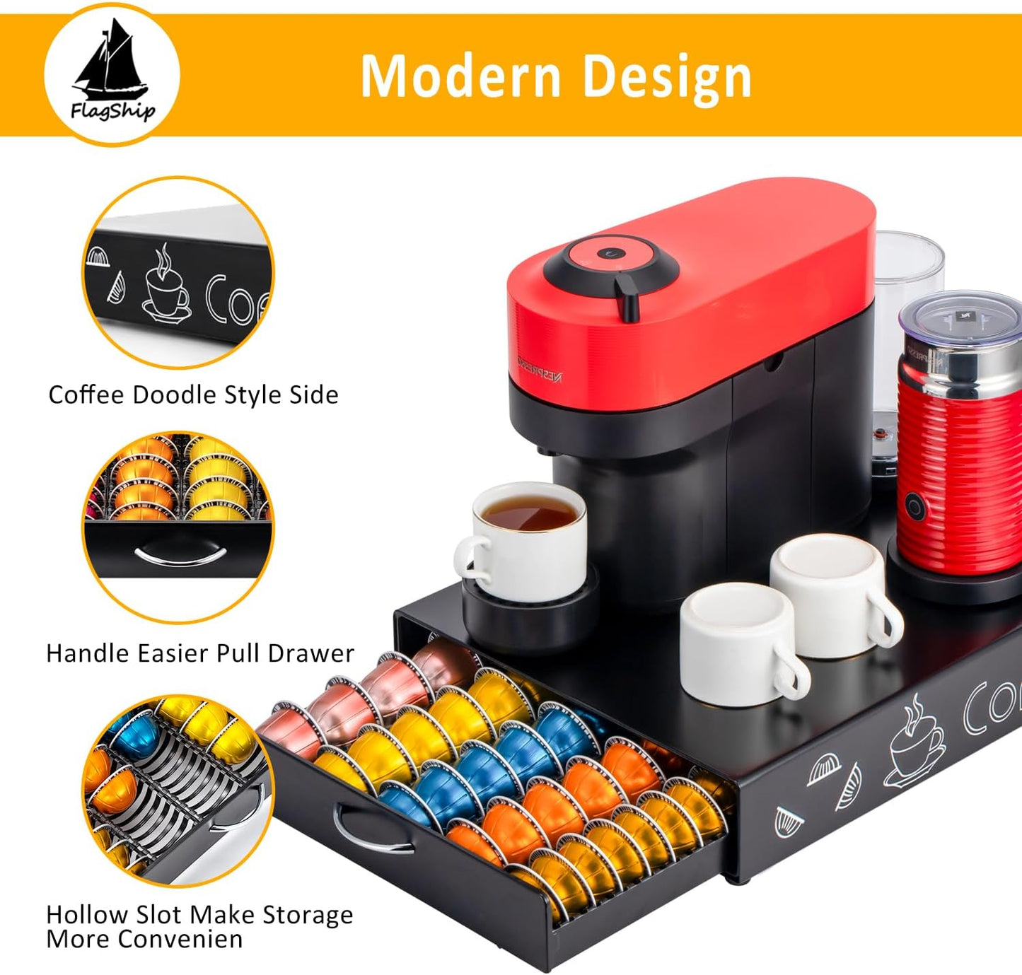 FlagShip for Nespresso Pod Holder Coffee Pod Drawer for Vertuo Pod Organizer Graffiti Style Large Capacity Fits All Size Vertuo Pods