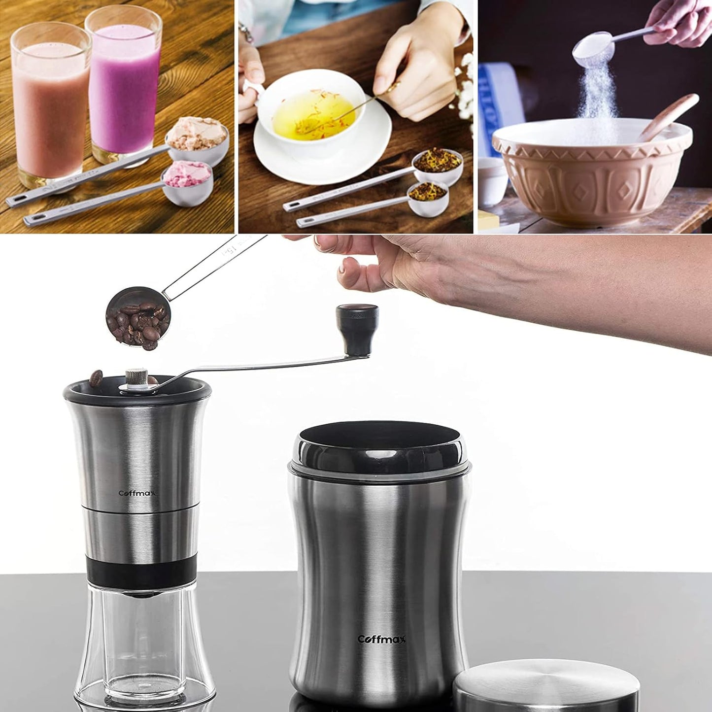 2 Pack Coffee Scoop, Tablespoon measure spoon contains 1 tablespoon (15ml) and 2 tablespoons (30ml), Stainless steel long handle coffee spoon silver