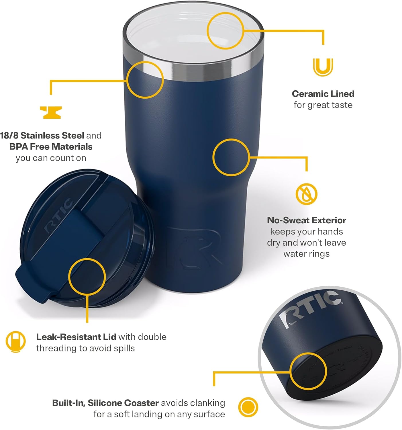 RTIC 20oz Essential Tumbler with Lid, Insulated, Stainless Steel, Metal, Double Wall Vacuum-Insulation, Ceramic Lined, Travel Cup for Iced Coffee, Tea, Hot and Cold Drink, Navy