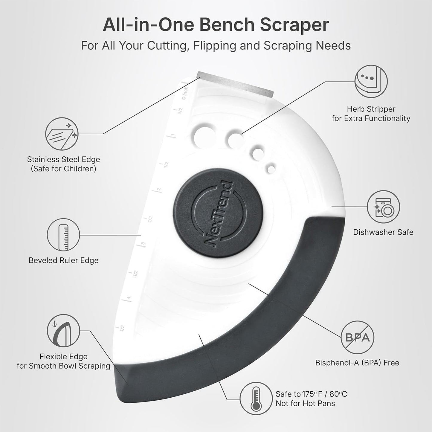Nextrend BakerScraper – 5-in-1 Flexible Bowl Scraper, Bench Scraper and Dough Scraper with Stainless Steel Edge, Ruler & Herb Stripper – BPA Free, Dishwasher Safe - Gray