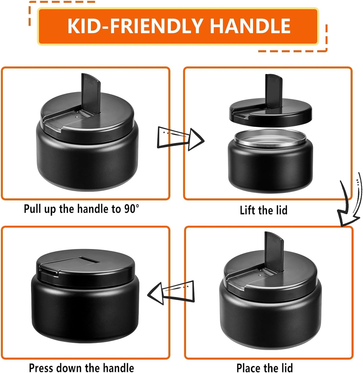 13.5oz Kids Jar for Hot Food, Insulated Vacuum Food Jar with Buckle Lid, Stainless Steel Wide Mouth Leak Proof Insulated Lunch Container for School Picnic Travel, Black