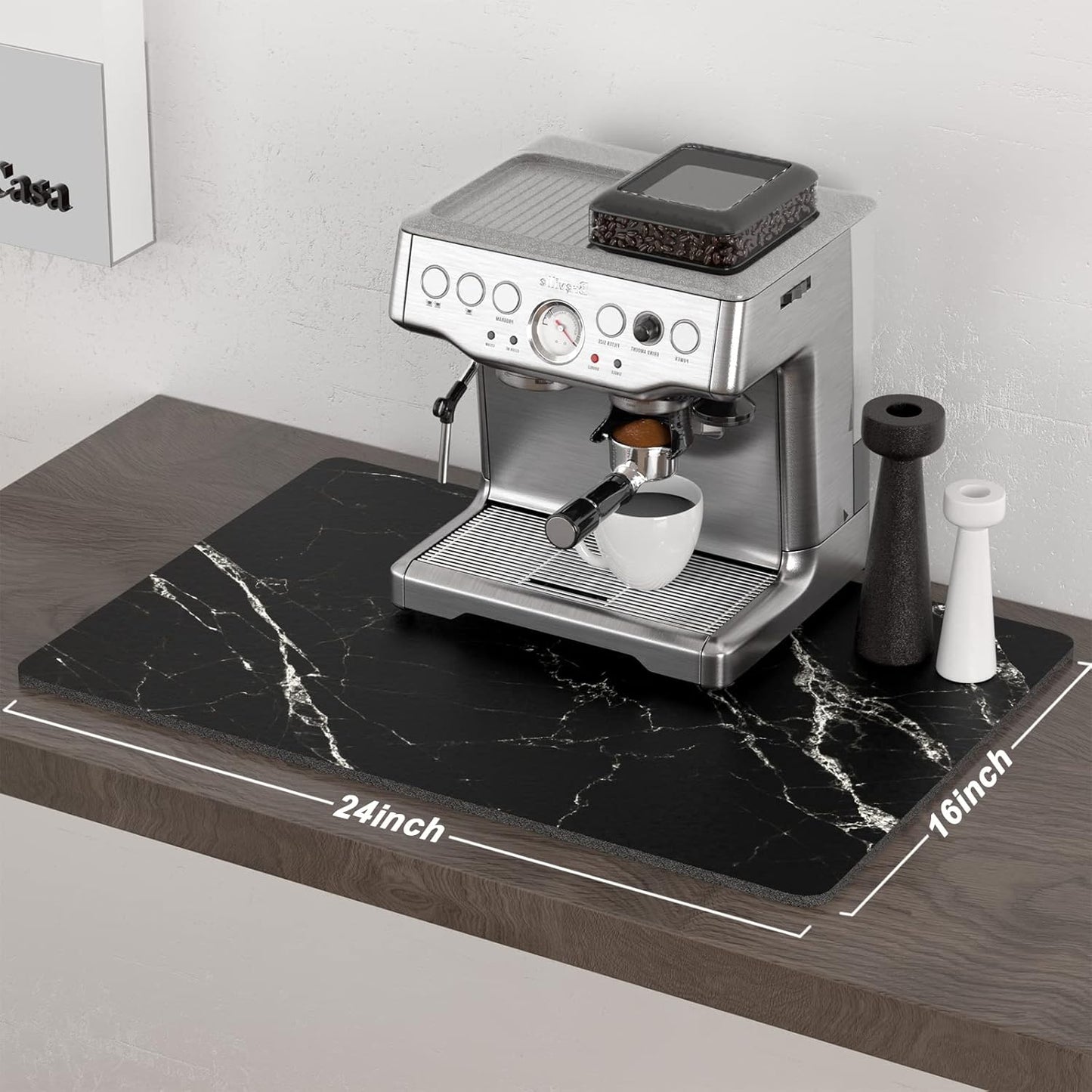 Rnivvi Coffee Mat, 16" x 24" Cute Marble Style Coffee Bar Mats for Espresso Machine Station Accessories and Organizer, Hide Stain Rubber Backed Absorbent Dish Drying Pad for Kitchen Counter, Black