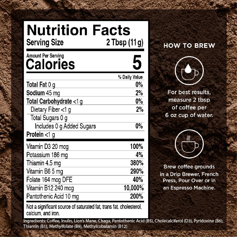 VitaCup Focus Mushroom Coffee Grounds, with Lions Mane, Chaga, B Vitamins, D3, Boost Focus, Immunity, Memory & Clarity, Medium Dark Roast, Bold & Smooth 100% Arabica Specialty, 3 bags, 10oz each