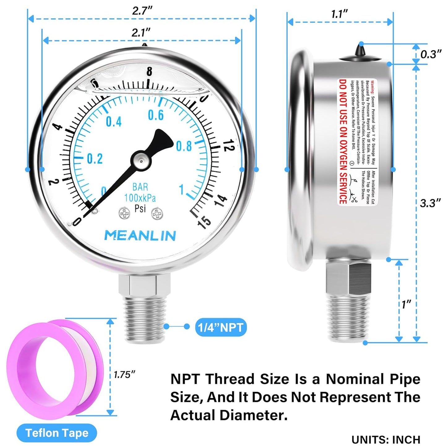 MEANLIN MEASURE 0~15Psi Liquid Filled Pressure Gauge Stainless Steel with 316 Stainless Steel Joint 1/4" NPT 2.5" FACE DIAL for Water Oil Air Well Pump Tank Tire Pressure Test Lower Mount