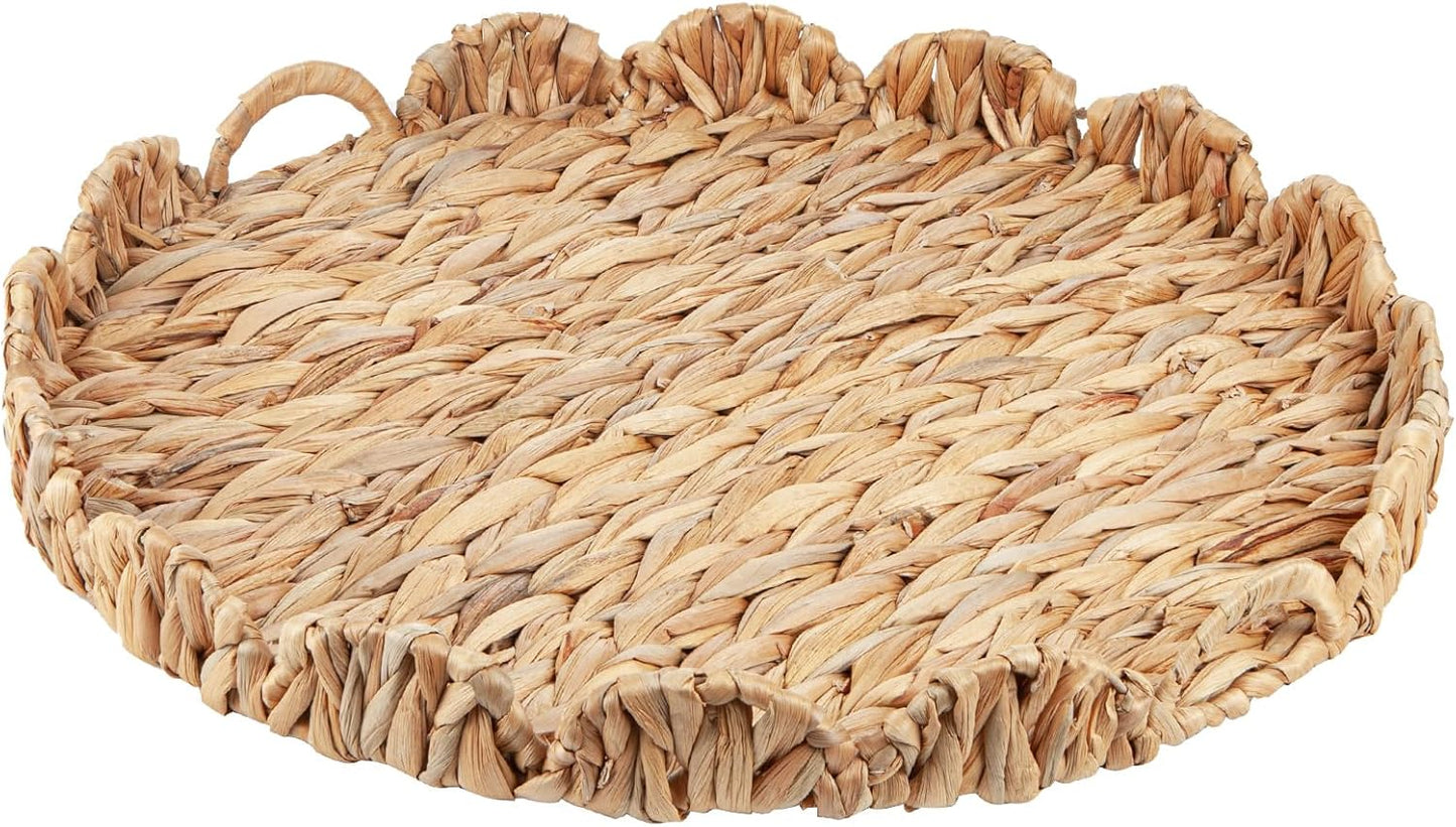 Round Ottoman Tray Large Wicker Serving Tray with Handles for Coffee Table, 20 Inch Handwoven Natural Water Hyacinth Tray Scalloped Edges