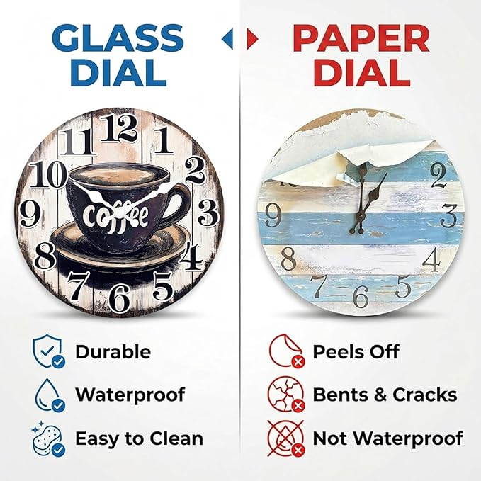Kitchen Wall Clock, Vintage Glass Coffee Sign Decor Wall Clocks Battery - Image 2