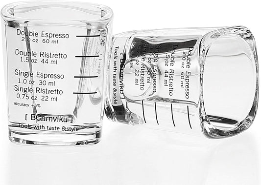 BCnmviku Espresso Shot Glasses Measuring Cup Liquid Heavy Glass for Baristas 2oz for Single Shot of Ristrettos (2 pack)