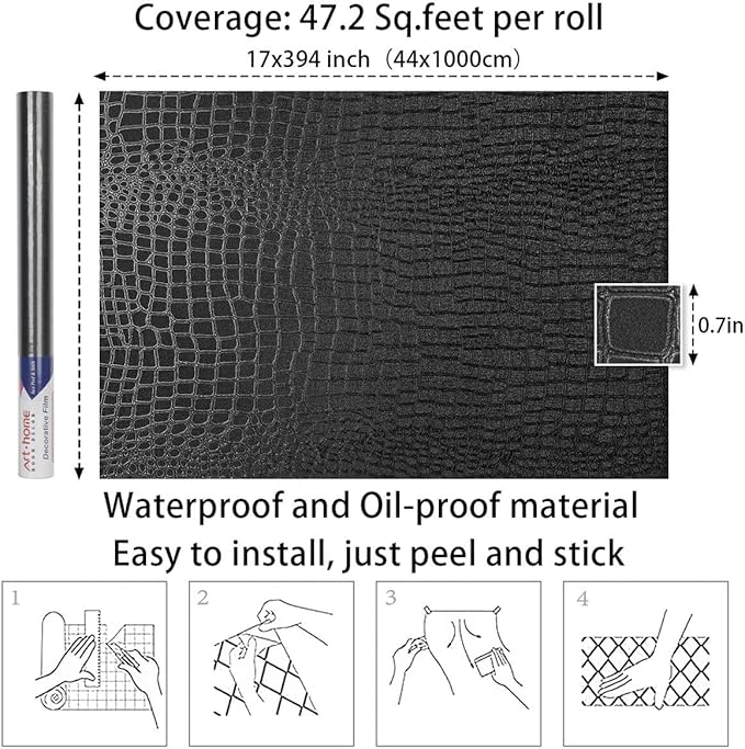 Arthome 17"×393" Black Crocodile Peel and Stick Wallpaper, Charcoal Black - Image 7