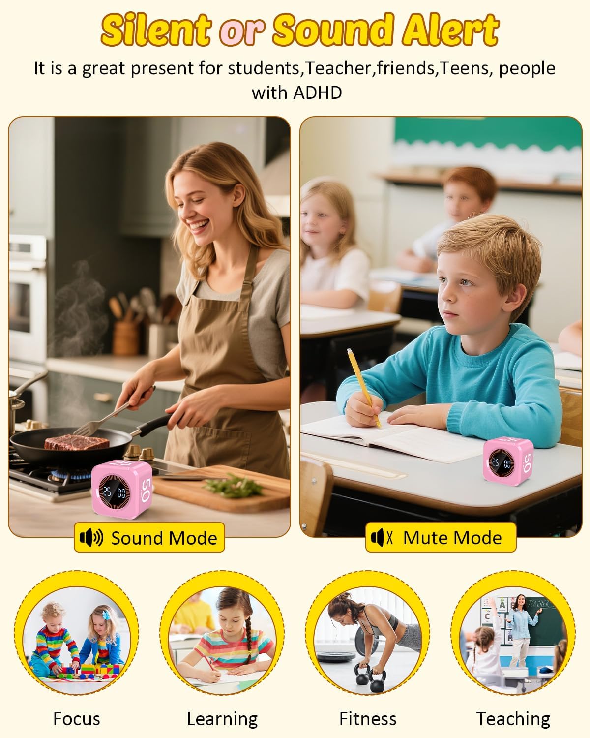 Pomodoro Timer Cube Visual Productivity Flip Timer for Kids Classroom Desk, 5/10/25/50min& Custom Countdown, Silent&Sound Mode Digital Cube for ADHD Study Work School Game Kitchen (Pink)