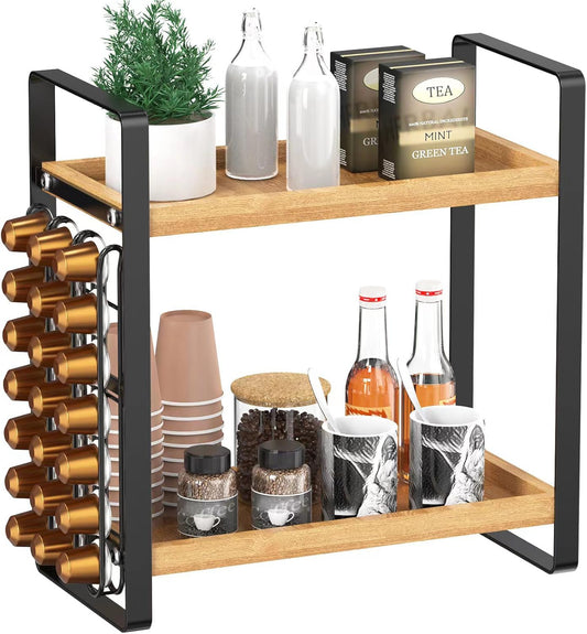LEMIKKLE Coffee Station Organizer,Compatible with Nespresso Classic Pods 24pcs, Coffee Bar Accessories and Cup Storage Organizer, Wood Counter Shelves for Kitchen, Office, Countertop