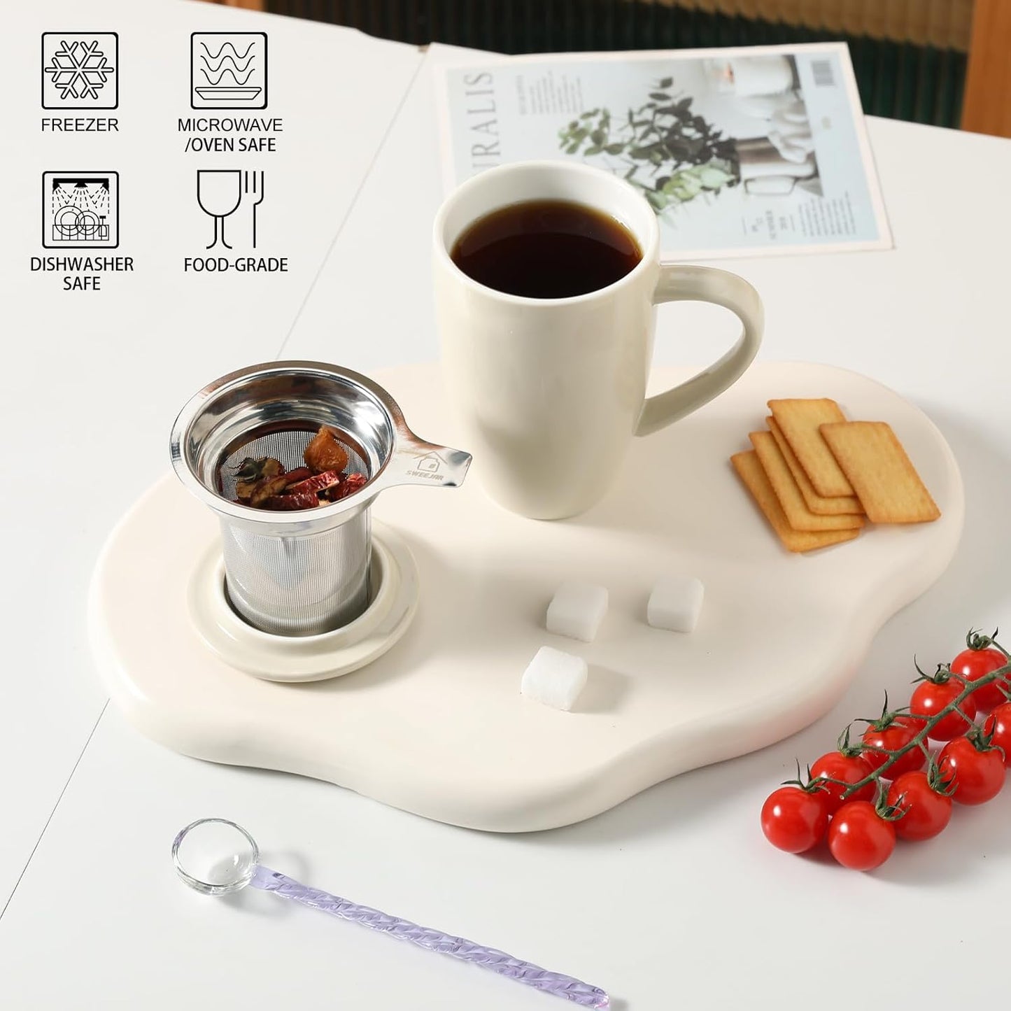 Sweejar Porcelain Tea Mug with Infuser and Lid,Teaware with Filter, Loose Leaf Tea Cup Steeper Maker, 16 Fl Oz for Tea/Coffee/Milk/Women/Office/Home/Gift (Beige)