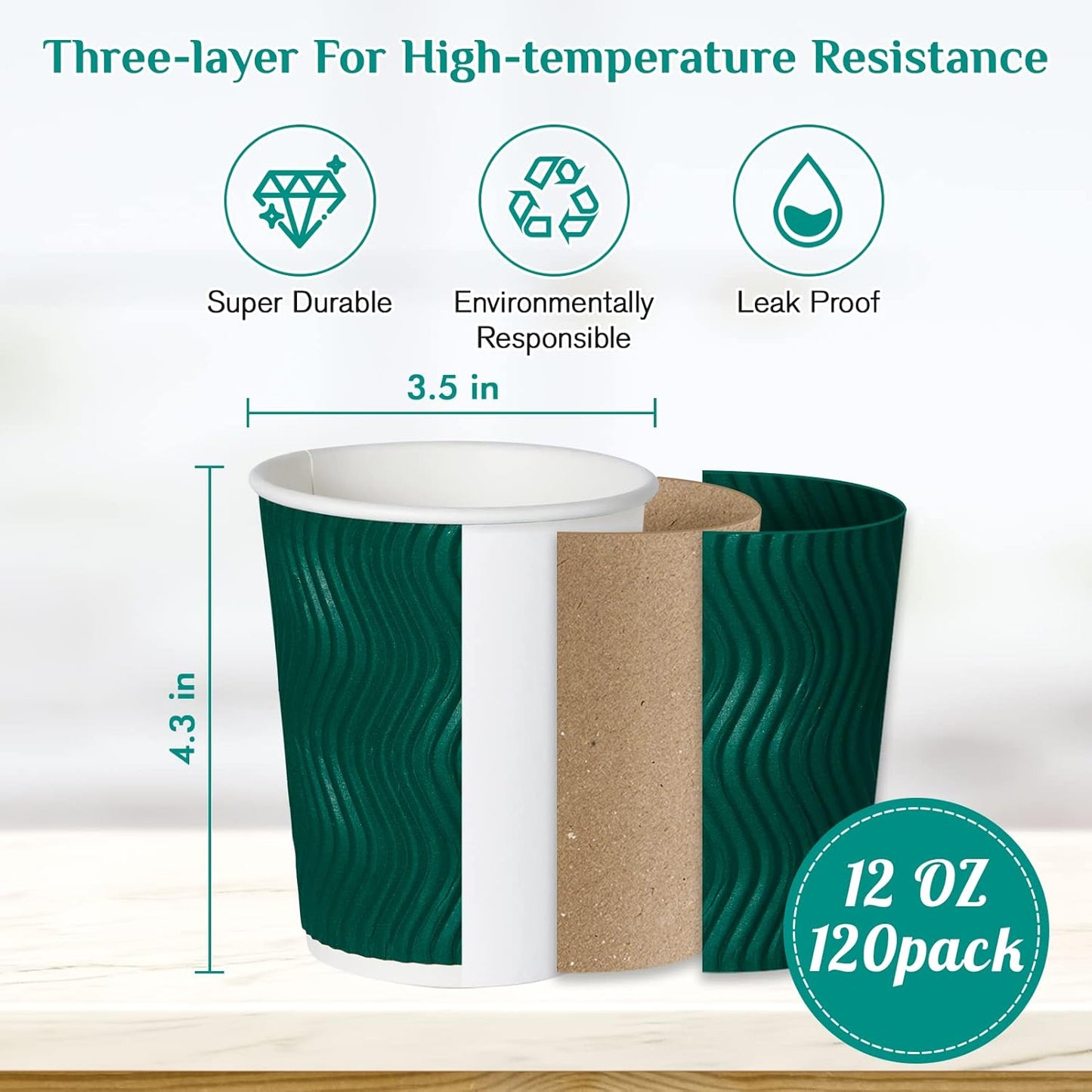 MUCHII 12 oz Paper Coffee Cups, 120 Count Multicolor Disposable Insulated Ripple Paper Cups for Tea Hot Chocolate