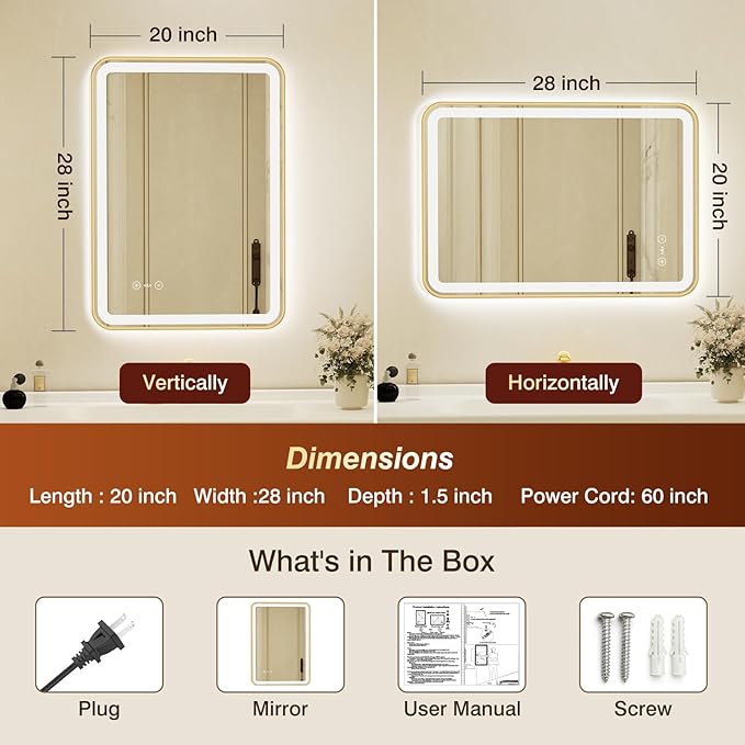 20x28 Inch Gold Framed LED Bathroom Mirror - Image 2