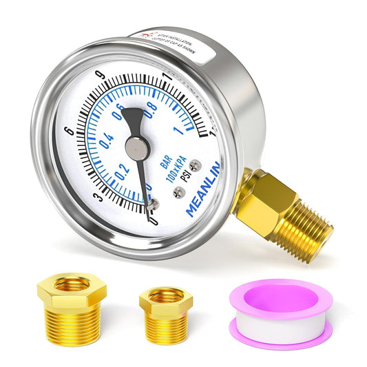 MEANLIN MEASURE 0~15Psi Dry Low Pressure Gauge Stainless Steel 1/4" NPT 2" FACE DIAL Waterproof for Water Oil Air Well Pump Tank Tire Pressure Test Lower Mount, with 1/2" NPT and 3/8" NPT Hex Bushing