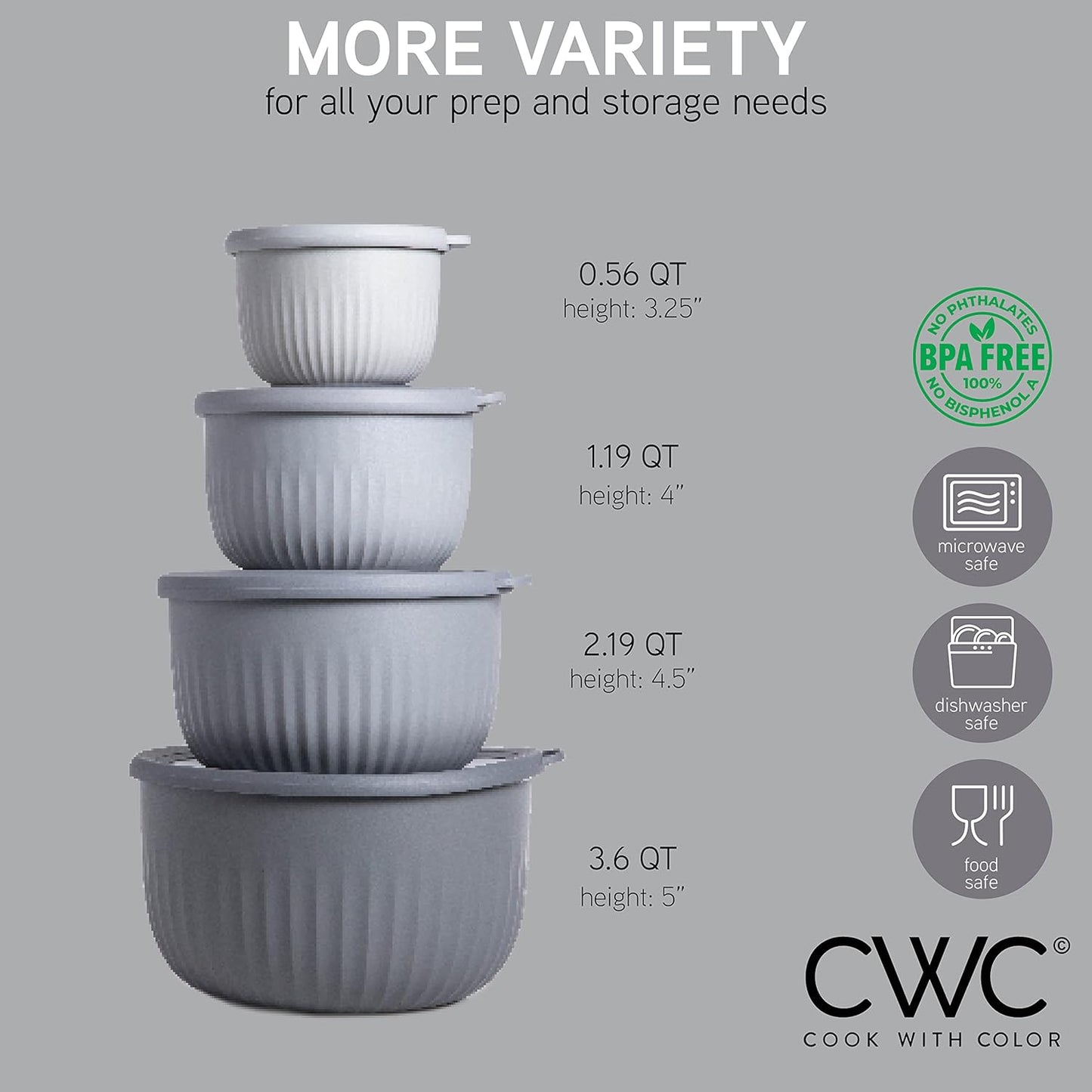 COOK WITH COLOR Prep Bowls with Lids- Wide and Deep Nesting Plastic Small Mixing Bowl Set with Lids, 8 Piece Set - Deep Bowls, Gray