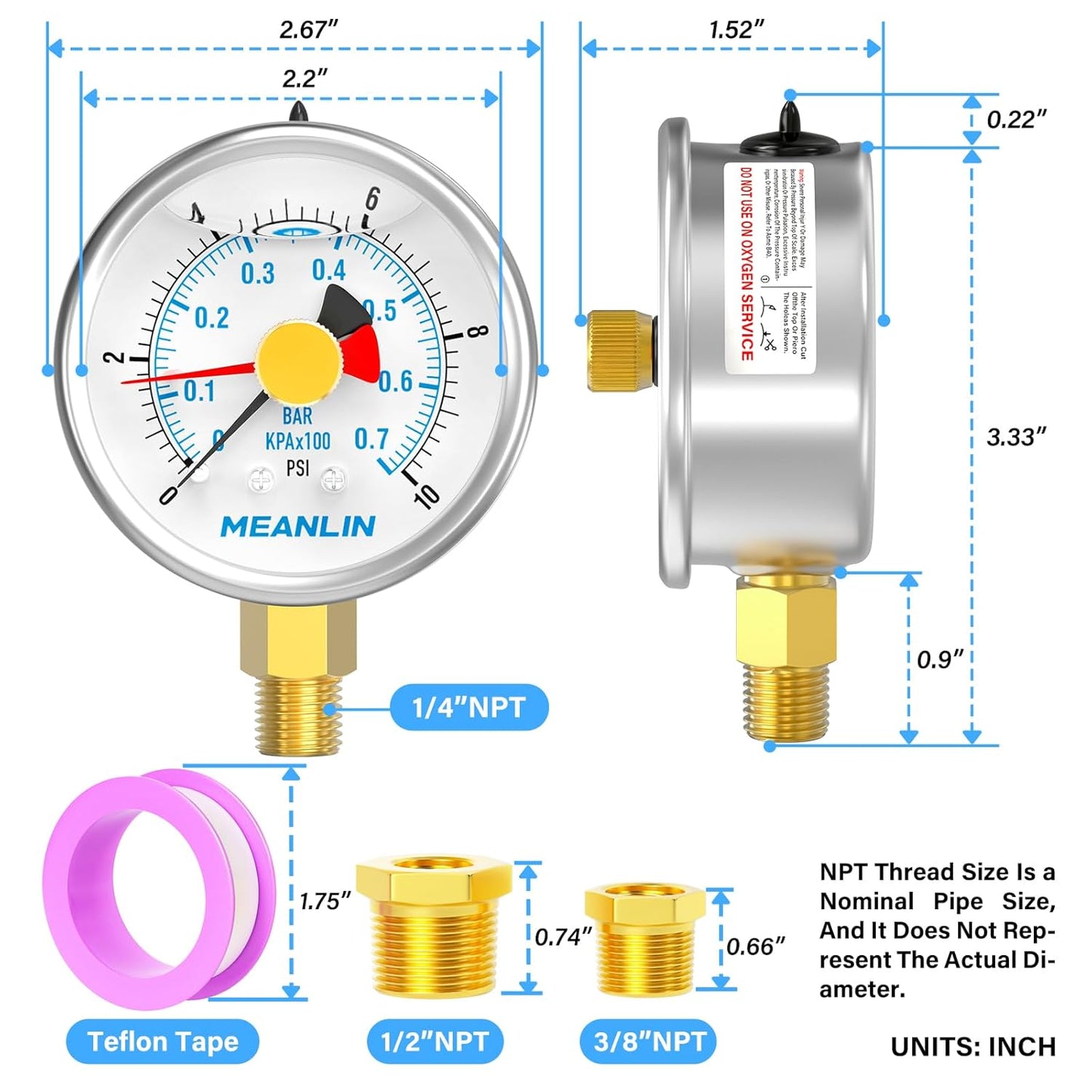MEANLIN MEASURE 0~10Psi Stainless Steel 1/4" NPT 2.5" FACE DIAL with Reset Pointer Liquid Filled Pressure Gauge WOG Water Oil Air, Lower Mount, with Brass Hex Bushing