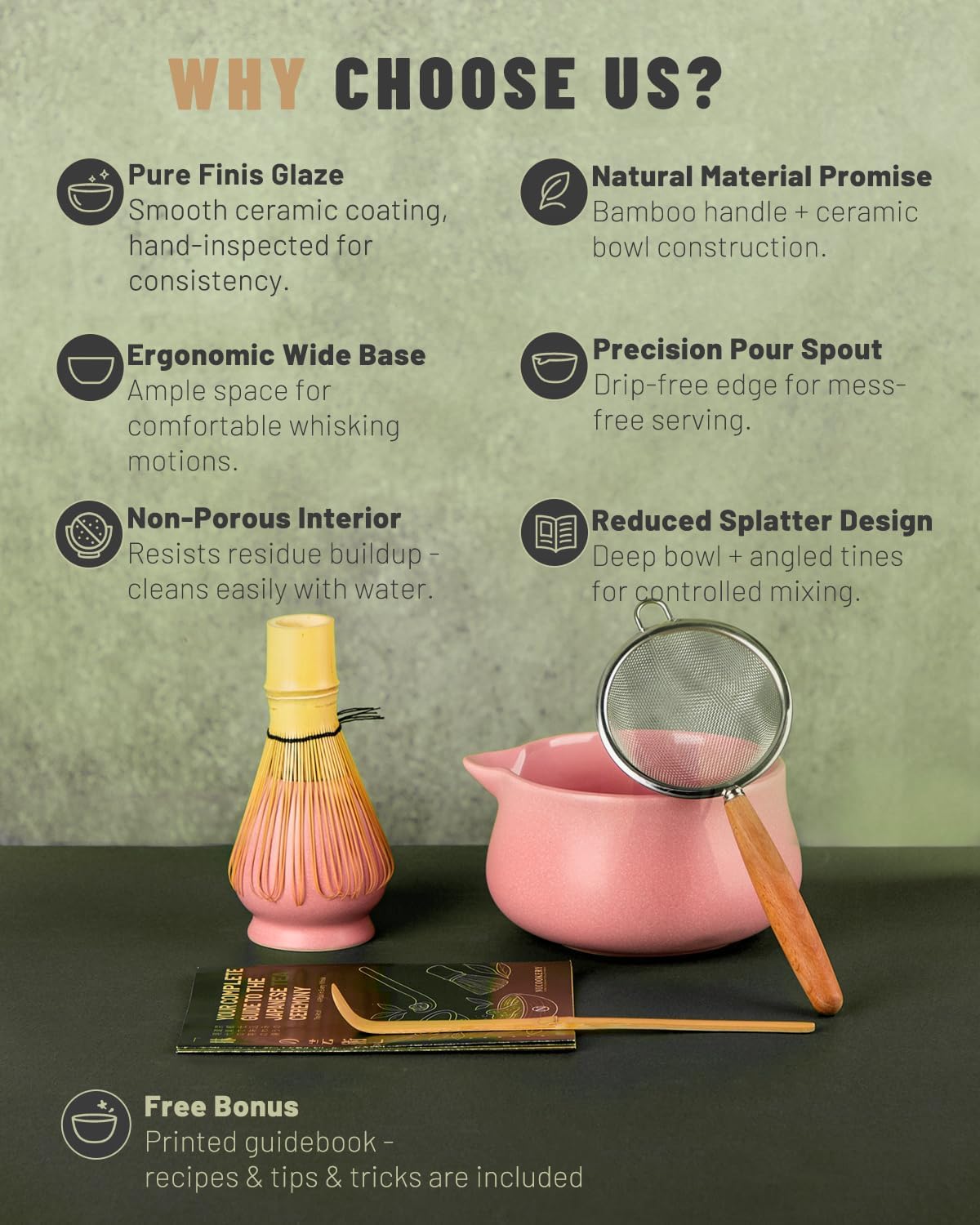 Nucookery Matcha Set - 5PCS Matcha Whisk Set, 18OZ Matcha Bowl (Chawan) with Spout, Matcha Whisk (Chasen) and Holder, Bamboo Matcha Scoop and Sifter, Matcha Kit/Tools/Accessories for Tea Ceremony