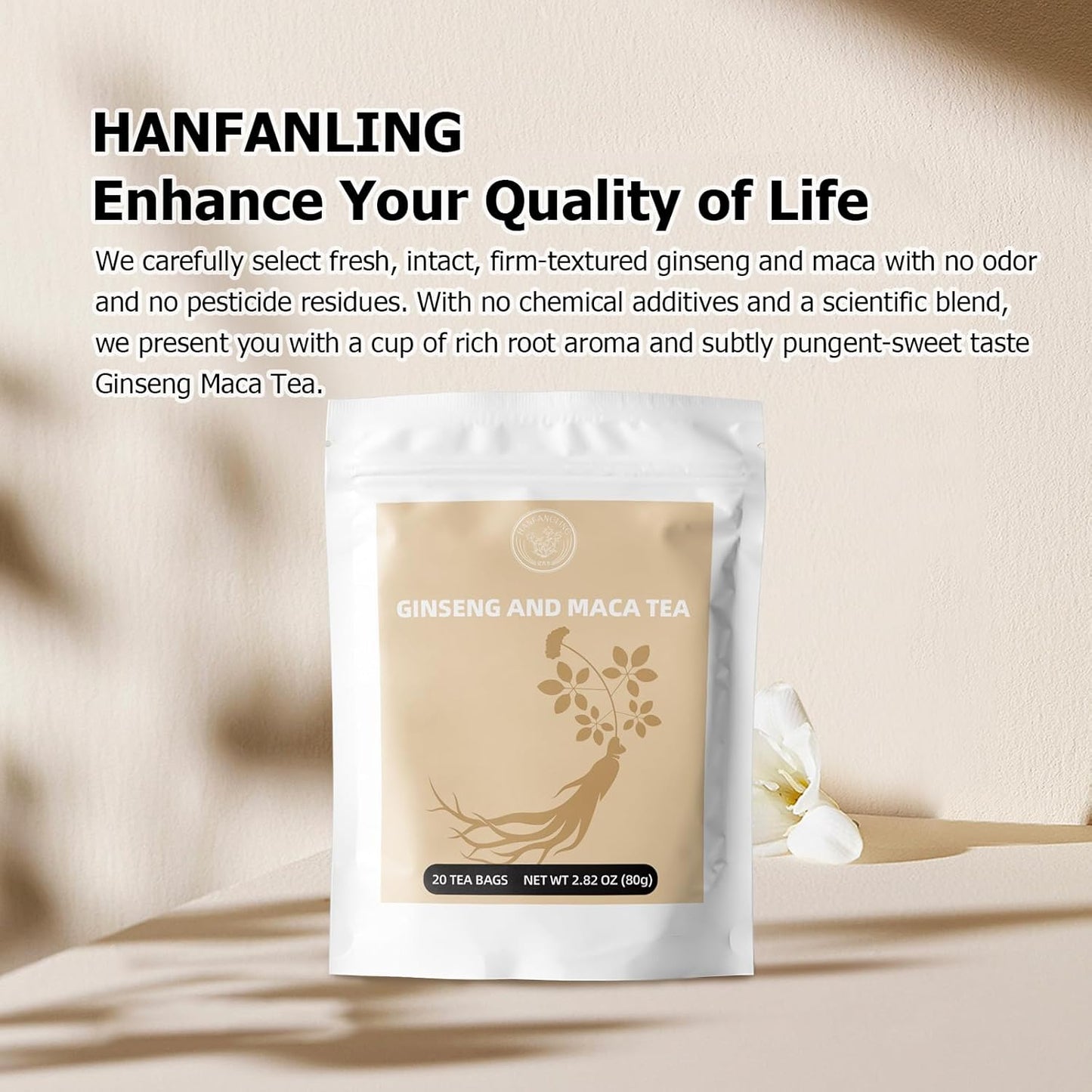 HANFANGLING Ginseng Maca Tea, Natural and Health, Caffeine-Free Herbal Tea,20 Tea Bags,2.82oz