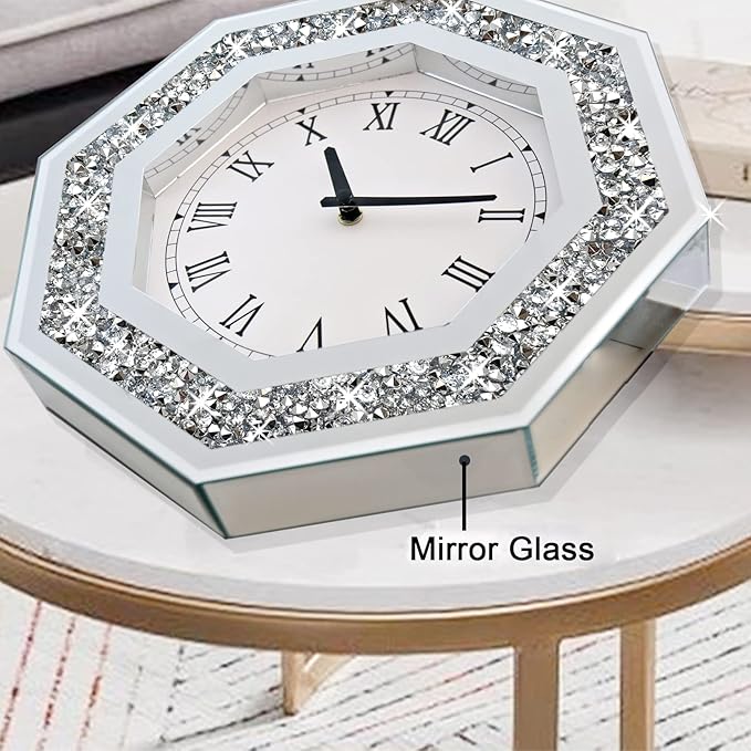 Wall Clock, Octagon Mirror Glass Clock, Cute Diamond 20-inch Non-Ticking Clock - Image 5