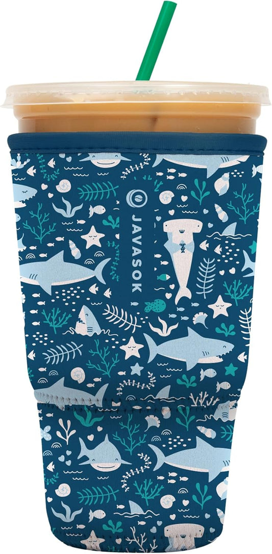 Sok It JavaSok Iced Coffee & Cold Soda Insulated Neoprene Cup Sleeve (Happy Sharks, XLarge: 38-42oz)