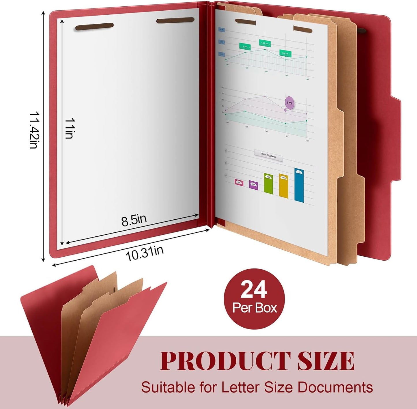 24 Pcs Classification Folders Letter Size Bulk - 2 Dividers Pressboard File Folder with 3. 5 Inch Expansion, 2 Prongs Fastener, Heavy Duty Office File Organizer for Teacher Medical (Dark Red)