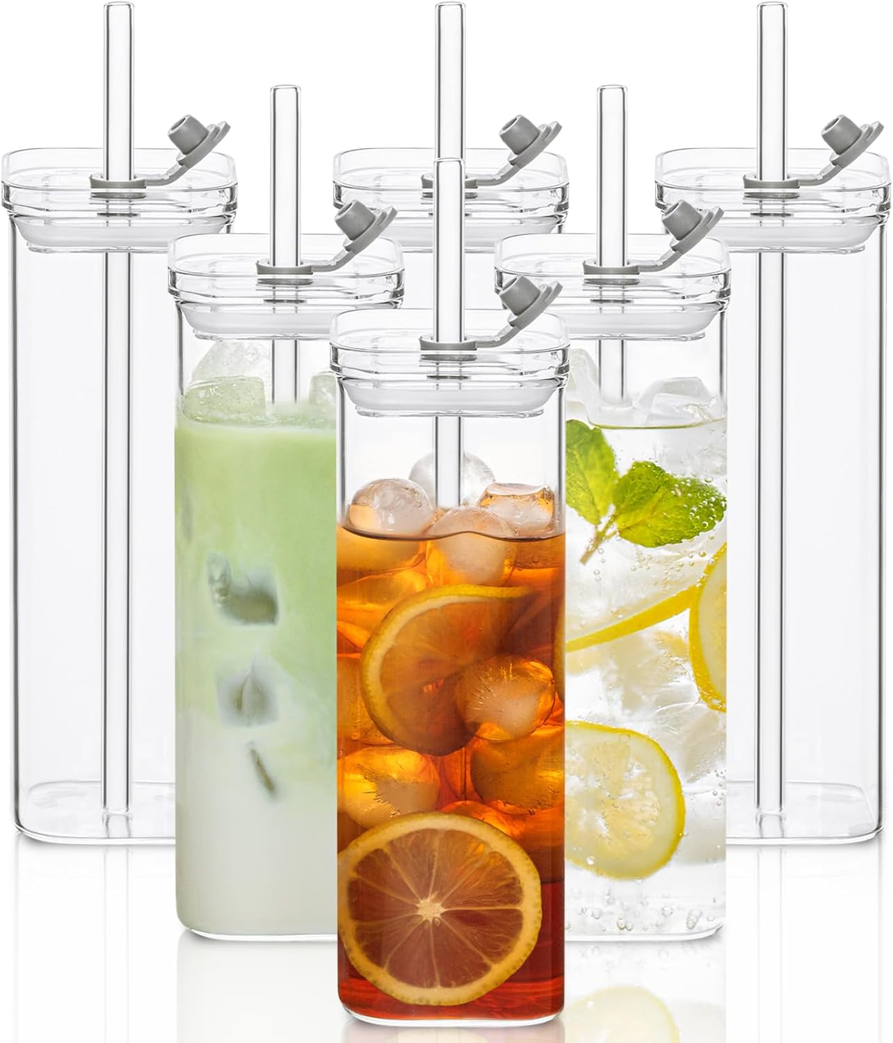 6 Sets Square Drinking Glass Cups, Old Fashioned Glasses, 17 Oz Square Glasses, Clear Highball Modern Glassware Tumbler Mixed Drinkware with Straws for Cocktail Coffee Juice Beer (Square-6PCS)