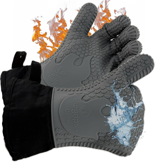 Ekogrips Plus Oven Gloves with Fingers, Comfy Waterproof Silicone Oven Mitts Heat Resistant with Long Cuff, Insulated BBQ Gloves Perfect for Grilling, Baking, Smoker, Canning, and Pizza, Grey, OSFM