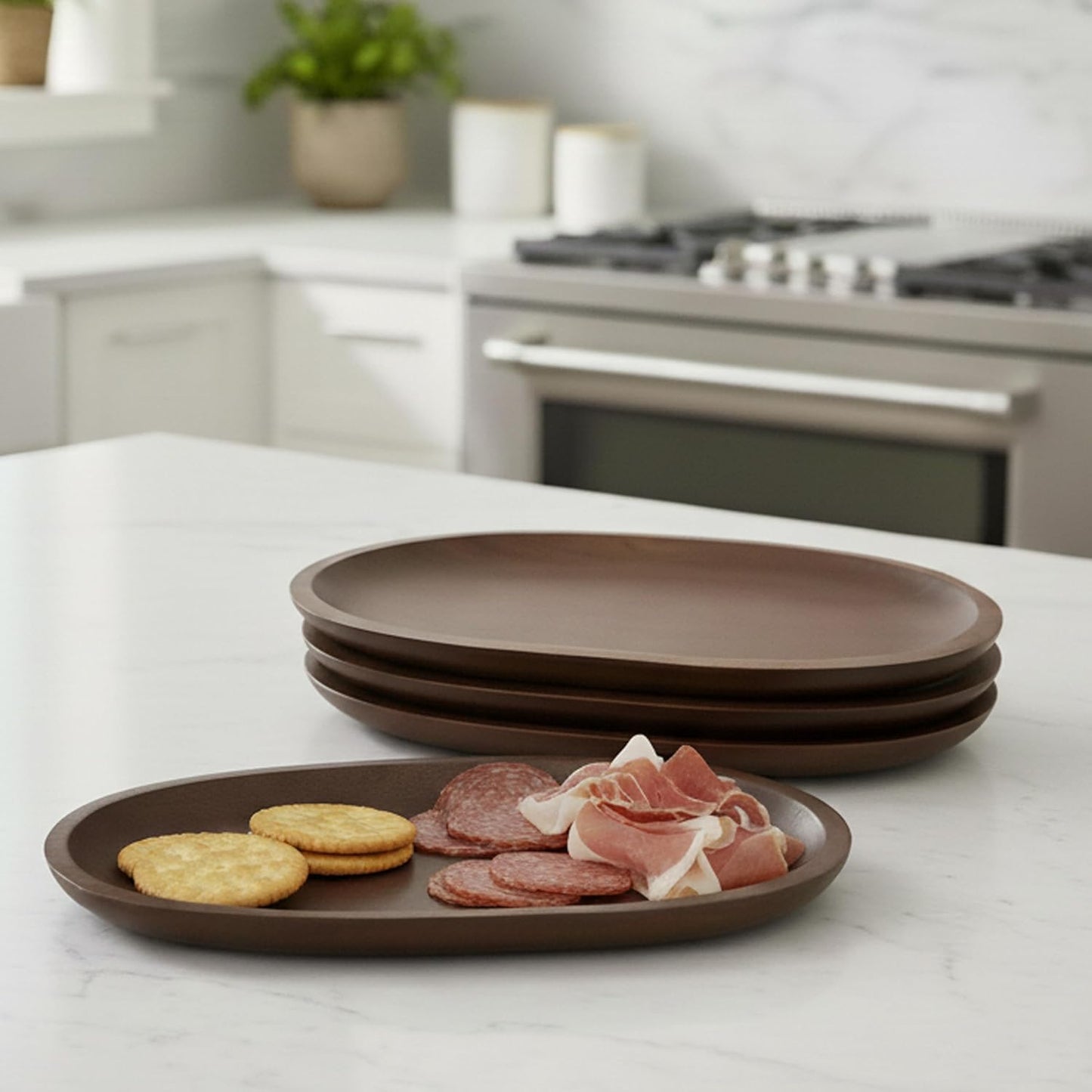 Woodard & Charles Oval Tray Natural Acacia Wood Serving Tray Cheese Wine (Small - Set of 4 - Walnut Stain)