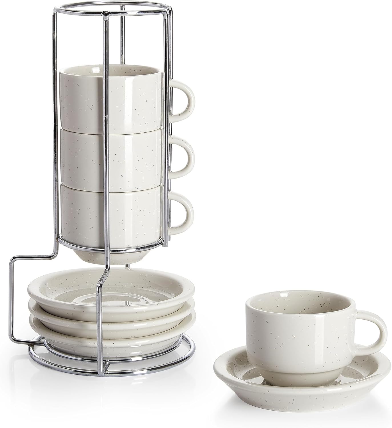 Sweese Porcelain Espresso Cups Set, 2.5 oz, with Saucers, Metal Stand, Stackable - Dove Grey, 4 Pack