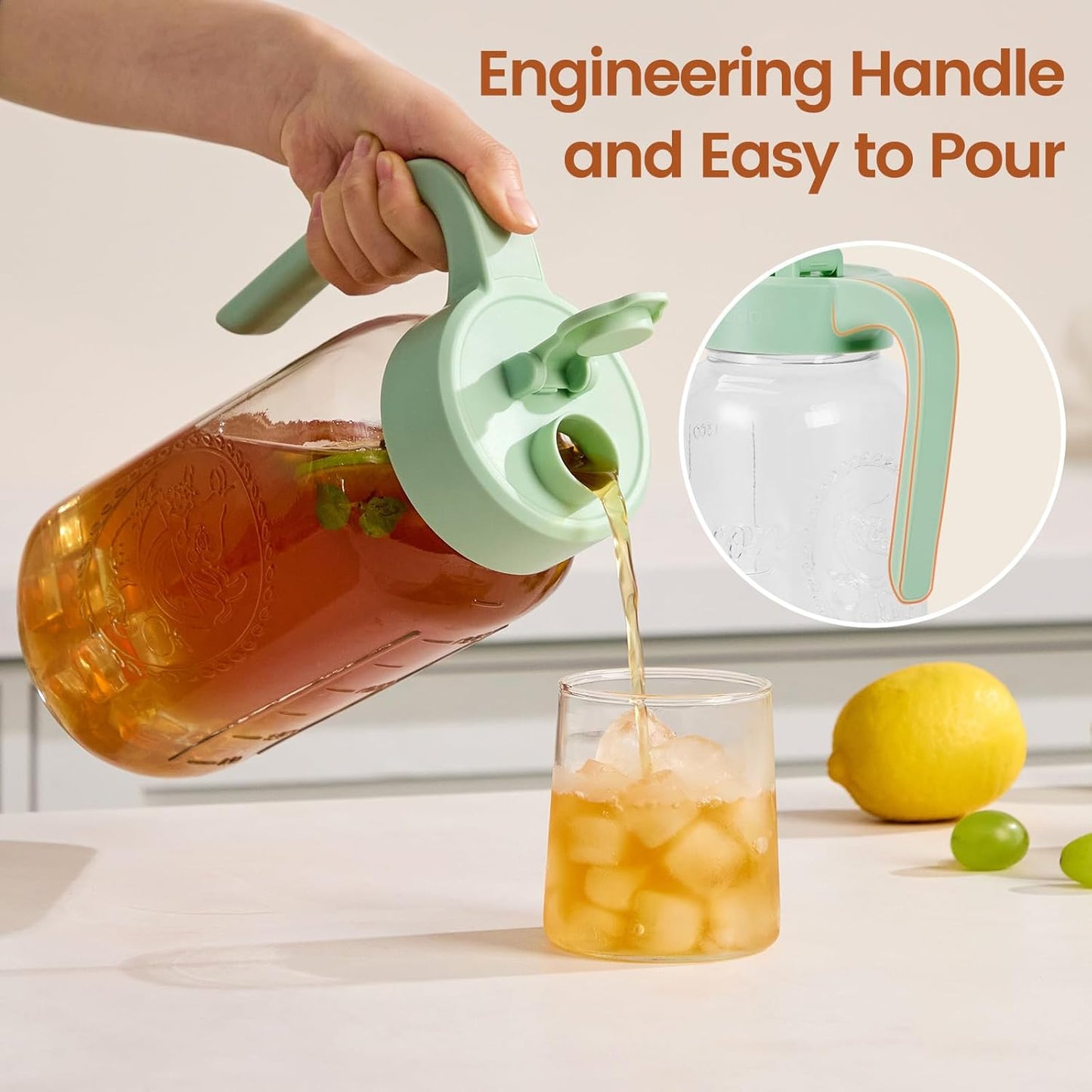 Mason Jar Pitcher with Tea Filter, Airtight & Leakproof Glass Pitcher with Lid, 64 oz Sun Tea Glass Jar for Outside, Perfect for Sun Tea, Lemonade, and iced Tea