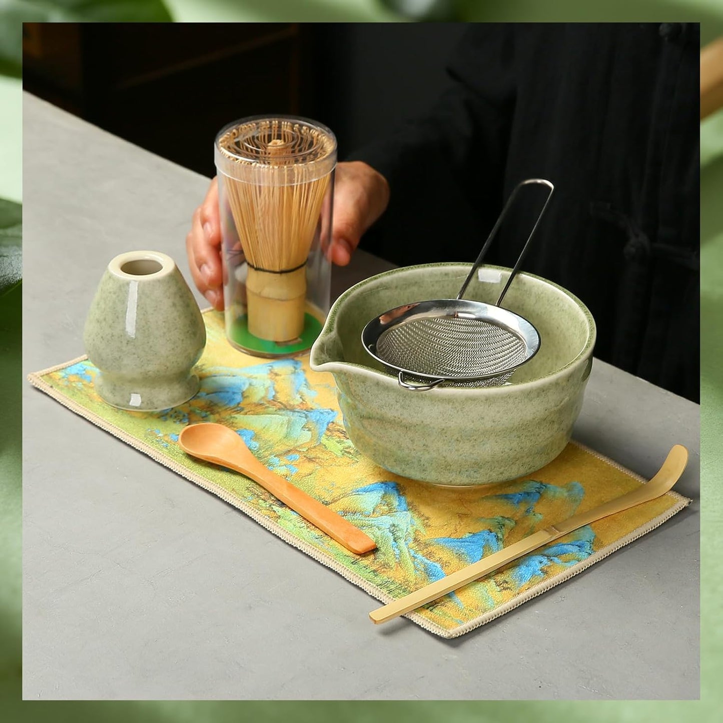 Green Matcha Whisk Making Set - Japanese Tea Kit with Whisk Bowl and Bamboo Scoop Ceramic Chawan with Spout for Traditional Tea Ceremony Complete Matcha Making Tools Gift for Tea Lovers (Green, 7 PCS)
