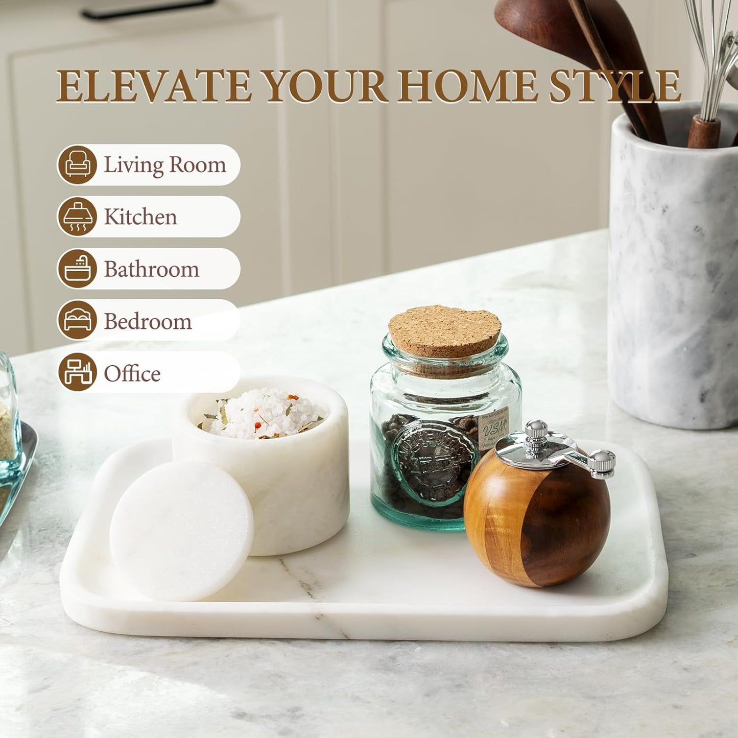 Koville Marble Tray, 12"x8" Marble Vanity Tray for Bathroom Kitchen Countertop, Rectangular Stone Tray for Cosmetics Perfume Trinket, Decorative Catchall Trays (Oriental Calacatta)