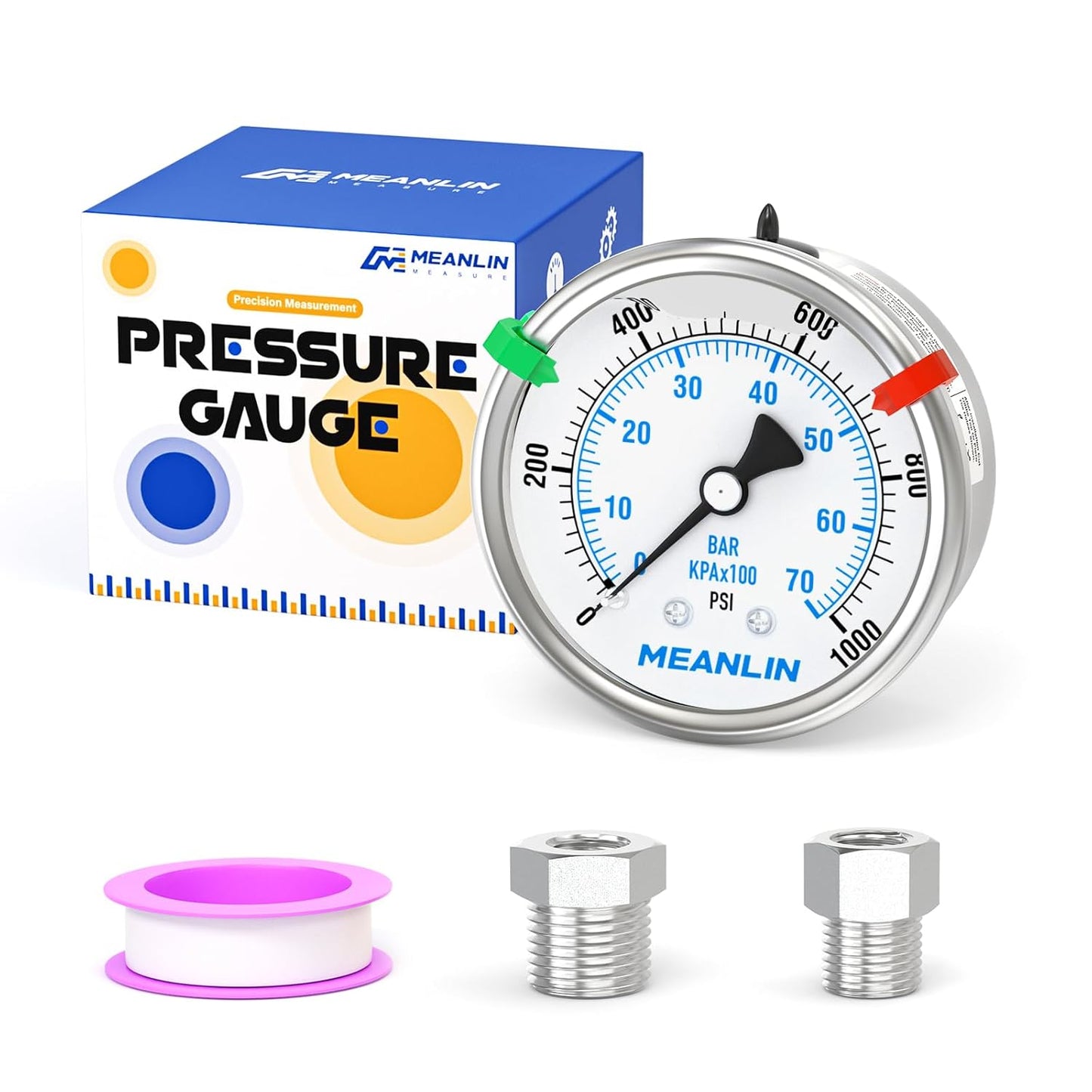 MEANLIN MEASURE 0~1000Psi Stainless Steel Liquid Filled Pressure Gauge 2.5" FACE DIAL 1/4" NPT for WOG Water Oil Air Back Mount with Stainless Steel Hex Bushing and Snaps
